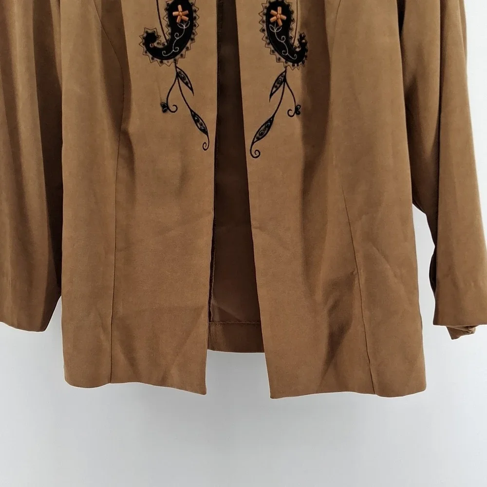 Studio I Womens 14W Faux Suede Open Front Jacket‎ Embroidered Western Boho Fall